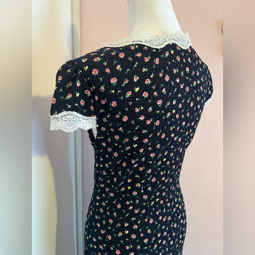 Floral Lace-Trim Cap Sleeve Button Down Vintage Style Dress - Picture 5 of 16